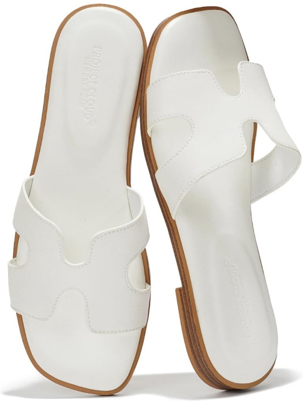Women's White 100% Genuine Leather Memory Foam Insole Slides Flat Sandal Shoes